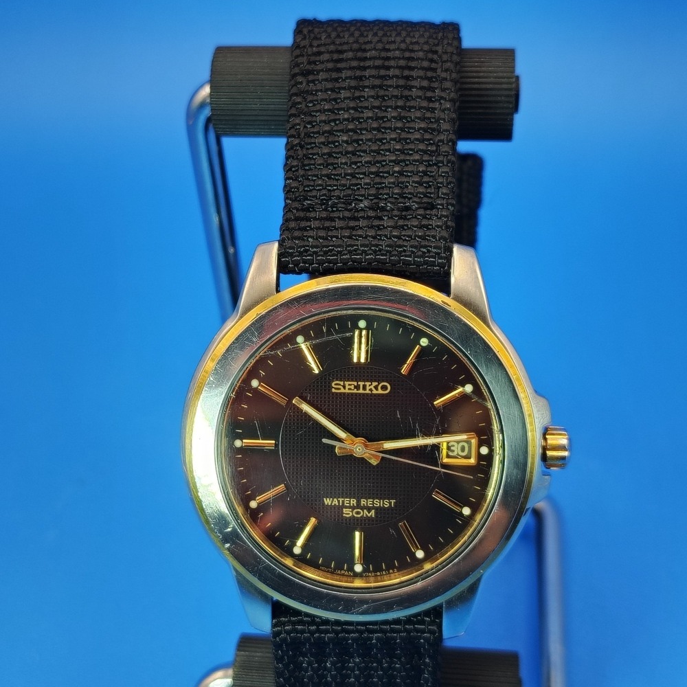 Vintage 2001 Seiko Two Tone Date 35mm Mens Quartz Watch Restored New Strap